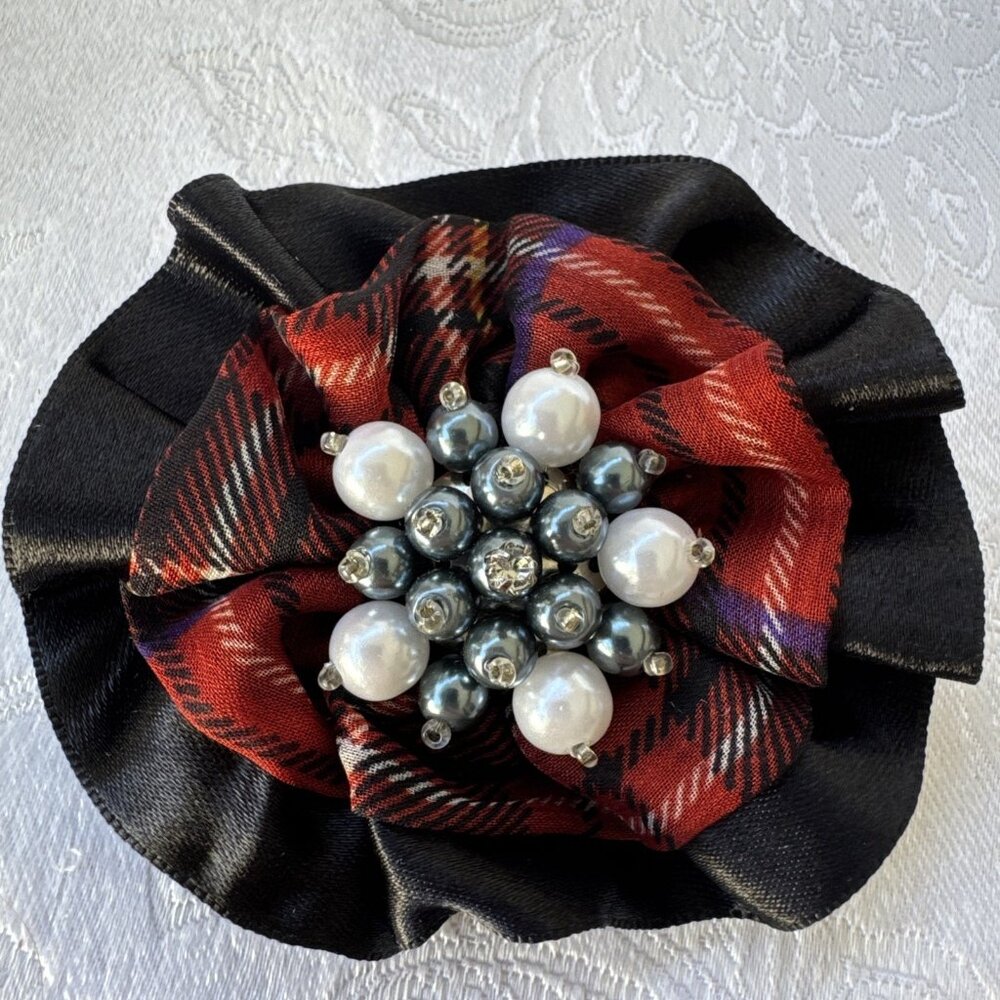 Cara Red Black Plaid Pearl Beaded Floral Hat Brooch/Hair Pin Steampunk NEW